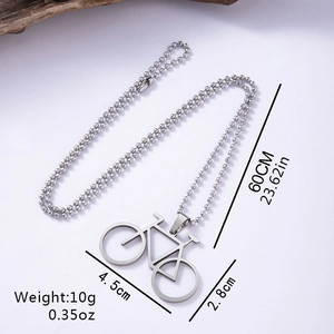 Stainless steel mountain bike pendant necklace on bead chain with size and weight specs