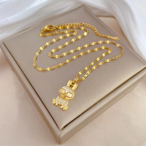 Luxurious gold titanium steel bunny necklace with cat eye stone and sparkling crystals