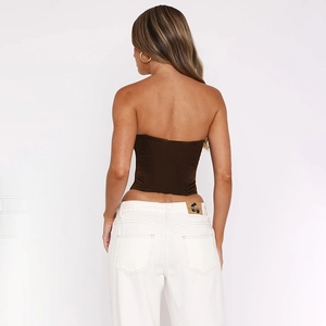 Haut tube en satin marron moulant avec dos plissé élastique pour femmes été 2025