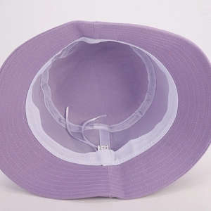 Purple cotton bucket hat with breathable mesh lining and adjustable chin drawstring cord