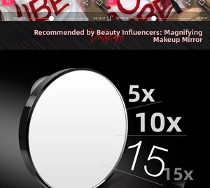 Detail of round magnifying makeup mirror with suction cups in 5x 10x 15x magnification