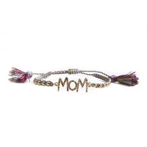 Detail of adjustable rainbow woven bracelet with gold MOM charm and cubic zirconia