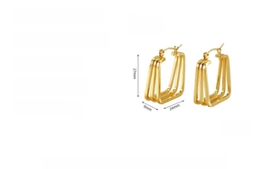 Macro shot of 18K gold plated geometric rectangular earrings with technical size dimensions