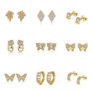 Nine-grid display of golden S925 silver earrings with zircon butterfly and leaf designs