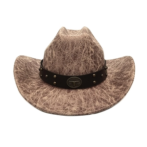 Western Cowboy Hat Distressed Suede Texture With Longhorn Badge Riveted Leather Band Vintage Outdoor Sun Protection