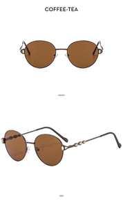 Detailed front and side views of round coffee-tea lenses with crystal metal frames