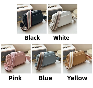 Multi-color leather camera bags with wide jacquard straps in five color options