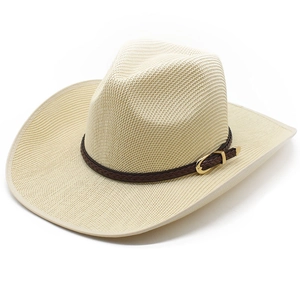 Classic cream straw cowboy hat with wide brim and brown faux leather belt detail