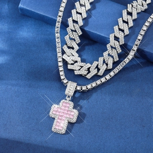 Sparkling silver iced out Cuban and tennis chain set with pink cross pendant detail