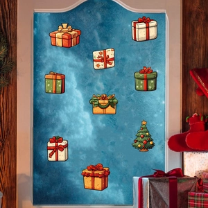 Festive Christmas window stickers with gift boxes and tree on frosted glass panes
