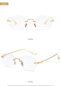 Front and side angles of golden rimless square glasses with high-quality metal frames