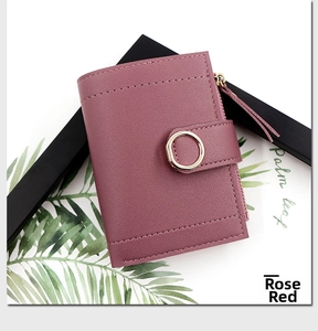 Rose red short wallet with gold metal ring decoration and side zipper for cards and coins