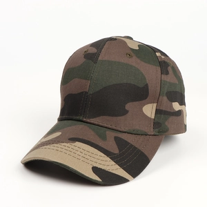Close-up of jungle camo cotton baseball cap featuring six-panel crown and curved brim