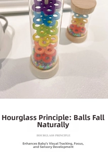 Detail of wooden sensory rainmaker toy showing colorful beads and cascading petal rings
