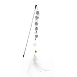Interactive cat teaser wand with glitter silver handle, colorful plush balls and white feathers