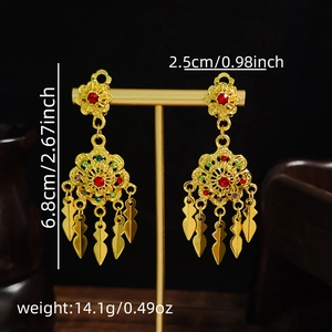 Detailed size specifications for bohemian teardrop tassel earrings with colorful rhinestones
