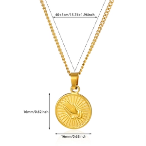 Detailed size view of golden tarot necklace with praying hands relief pendant