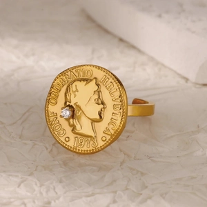 18K gold-plated stainless steel ring featuring a vintage Swiss coin portrait and crystal