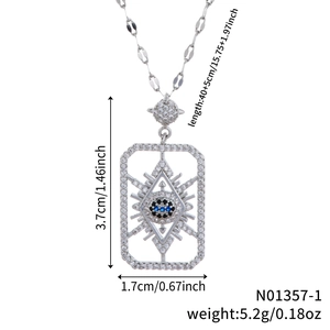 Silver evil eye rectangular pendant necklace with blue cubic zirconia dimensions details
