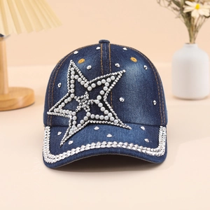 Casquette de baseball en denim à la mode avec étoile en strass et perles d'imitation