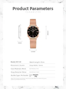 Detailed technical specifications for the rose gold rhinestone watch with mesh band