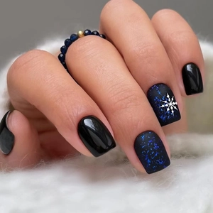 Gothic Dark Blue Galaxy Snowflake Press On Nails ABS Square Medium Long Winter Christmas Style For Women