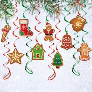 Gingerbread man themed Christmas swirl ceiling decorations with festive candy ornaments