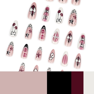 Y2K almond press-on nails set with pink leopard print and 3D cross charms