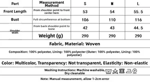 Detailed size chart and washing instructions for the fleece vest with 100% polyester fabric