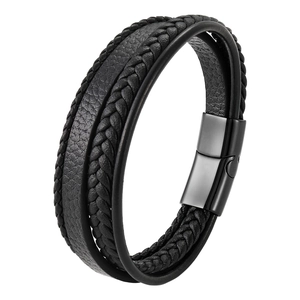 Handmade multilayer black leather woven bracelet with magnetic metal clasp for men