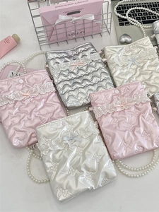 Mini Borsa Tracolla Pelle PU Trapuntata Fiocco Cuore Catena Künstliche Perle Bordo Pizzo Estetica Coquette Dolce Borsa Cellulare