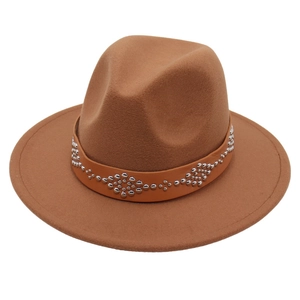 Brown wool fedora hat with studded leather band and classic indented crown for style