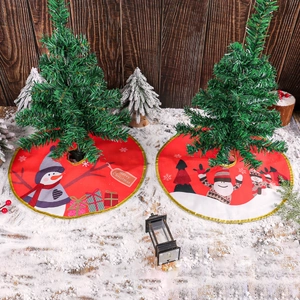 Christmas Tree Skirt Fabric Round Gold Trimmed Snowman Santa Printed Holiday Decoration Home Festive Ornament
