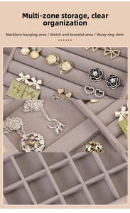 Detailed multi-compartment view of velvet jewelry box with slots for rings and necklaces