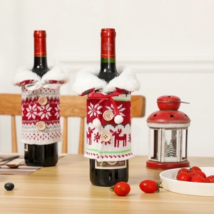 Christmas knitted wine bottle covers with reindeer and snowflake patterns and fur collars