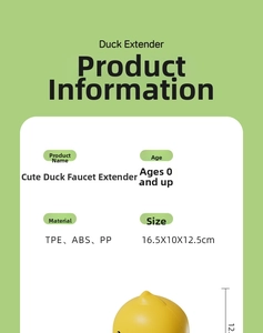 Detail view of yellow duck faucet extender showing dimensions and TPE material for kids