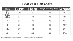 Detailed size chart for yoga vest sports top including measurements for XS to XXL sizes