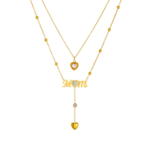 Golden double-layer stainless steel necklace with MOM letter and heart crystal pendants