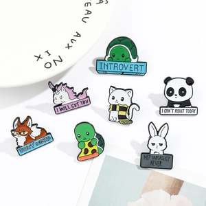 Detail of seven cute enamel pins featuring funny animal designs and sarcastic quotes