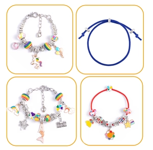 Detailed grid view of assorted charm bracelets with unicorn, rainbow, and mermaid tail pendants