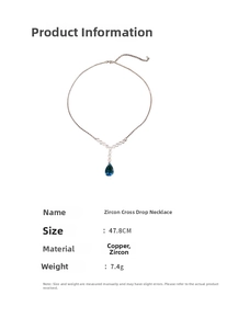 Détails du collier en or rose avec zircon bleu en forme de goutte et dimensions