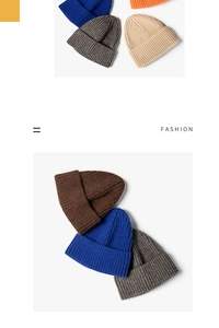 Close-up of assorted colorful ribbed knit beanies in blue, orange, and grey