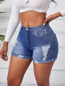 Damen High Waist Denim Shorts in Blau mit Distressed-Details und aufgerollten Säumen