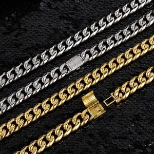 Men Cuban Link Chain Necklace Stainless Steel With Rhinestone CNC Clasp Hip Hop Street Trend Jewelry
