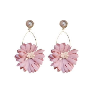 Elegant pink flower tassel earrings with pearl studs and delicate summer floral design
