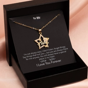 Golden Mama star necklace with crystal stones in a gift box for Mother's Day