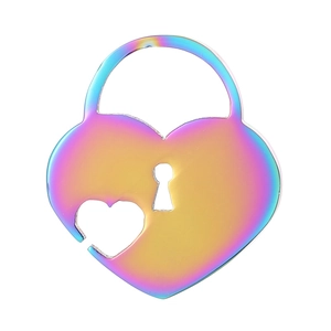 Rainbow stainless steel heart pendant with keyhole cutout and small heart charm