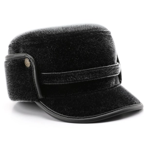 Men's winter faux fur aviator hat with earflaps and masonic emblem in solid black
