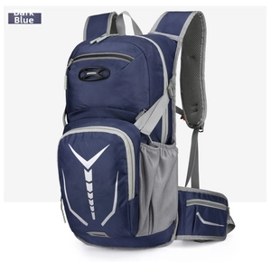 Detail of dark blue cycling backpack with reflective stripes and breathable mesh straps