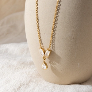 18K gold plated stainless steel necklace with white zircon teardrop pendant for women